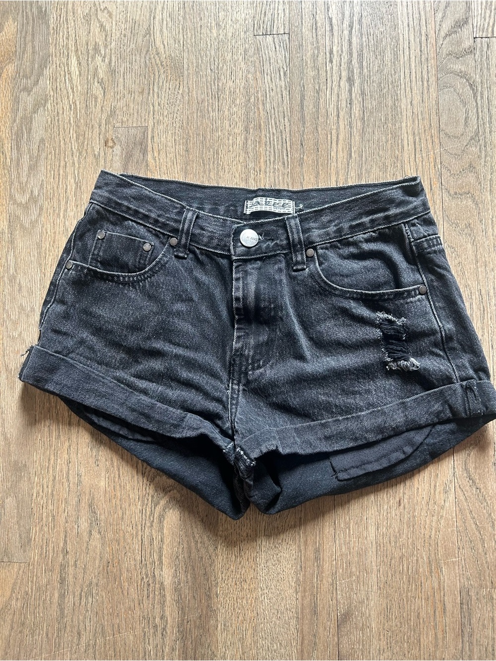 Women’s Black Distressed Denim Jean Shorts with Cuffed Hem